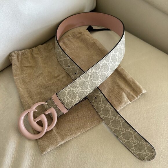 NEW GUCCI BELT WIDE GREY PINK WHITE GG MARMONT SIZE 80 Cm 32 In 100% Authentic - Picture 5 of 7